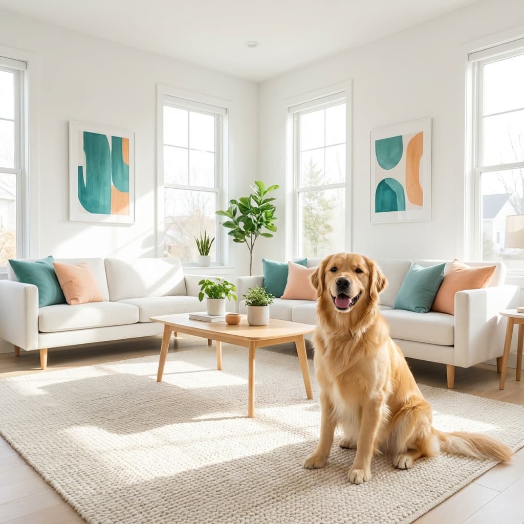 Happy Golden Retriever in a clean home
